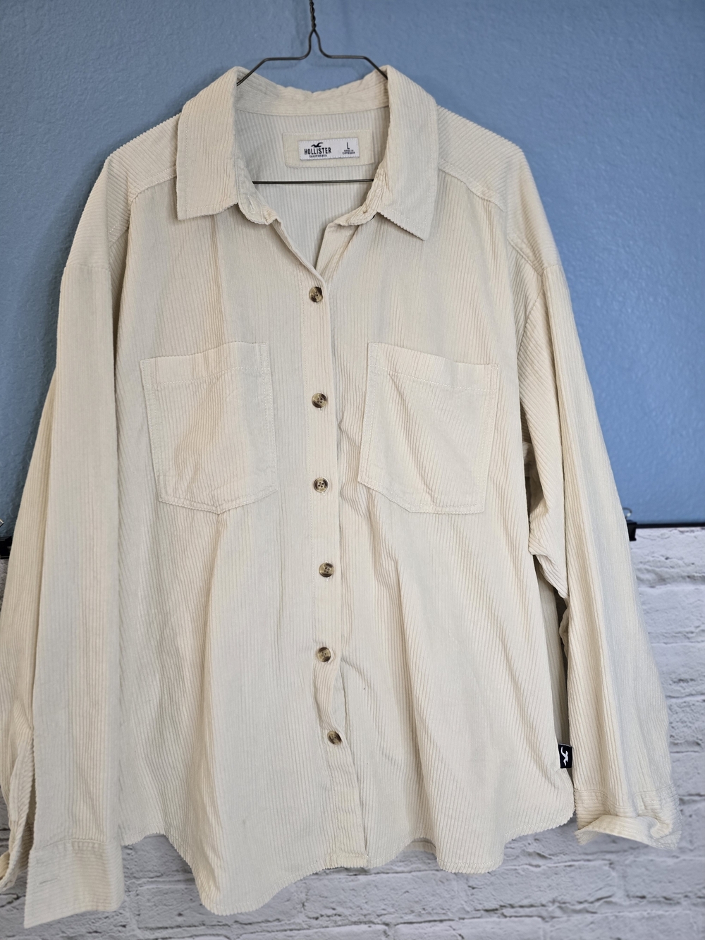 Hollister Men's Light Cream Corduroy Button-Down Shirt Sz L